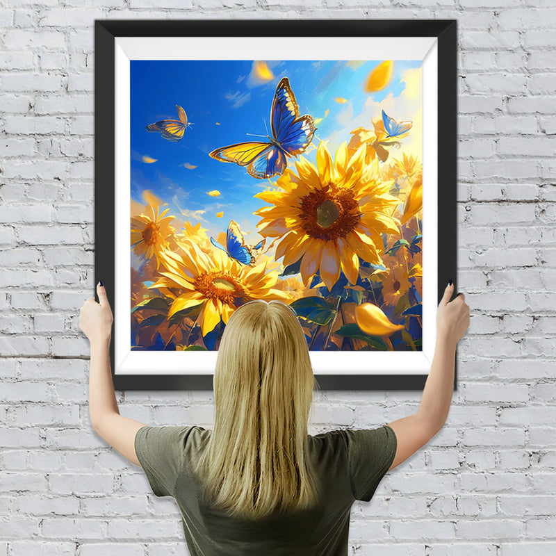 Sonnenblumen und Blaue Schmetterlinge Diamond Painting