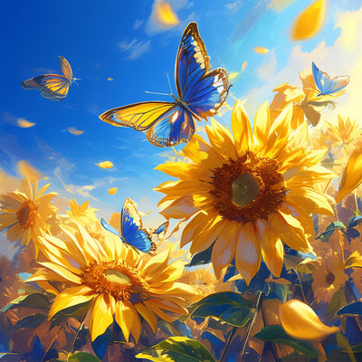 Sonnenblumen und Blaue Schmetterlinge Diamond Painting