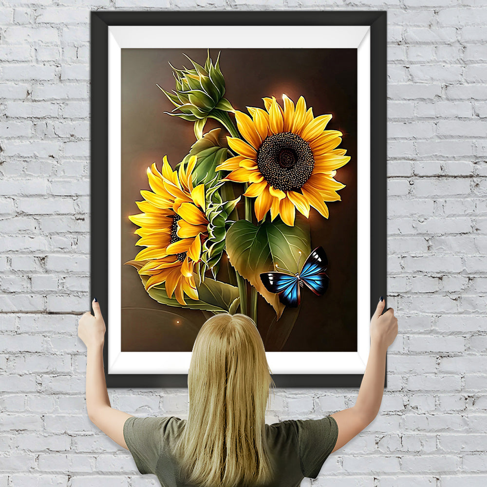 Sonnenblumen und blauer Schmetterling Diamond Painting