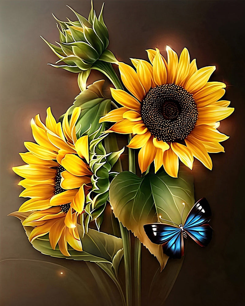 Sonnenblumen und blauer Schmetterling Diamond Painting