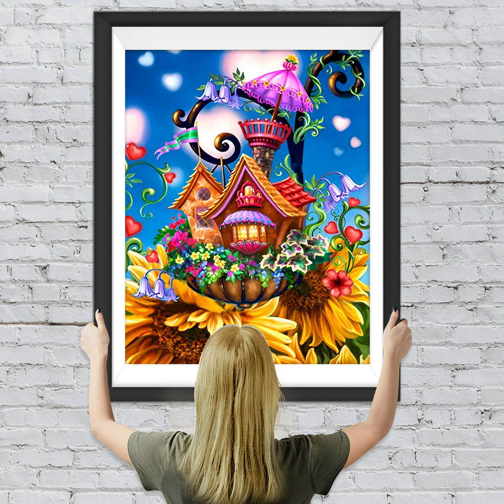 Sonnenblumen und Miniaturburg Diamond Painting