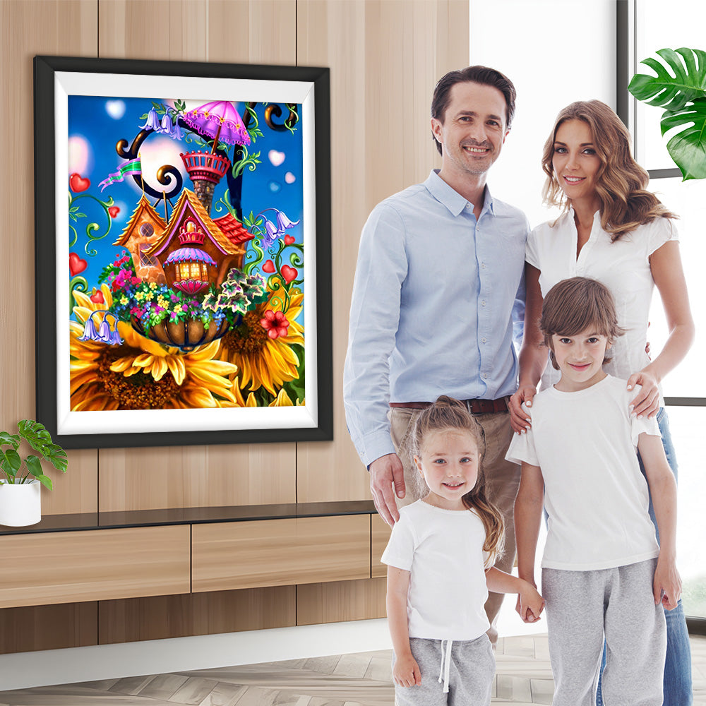 Sonnenblumen und Miniaturburg Diamond Painting