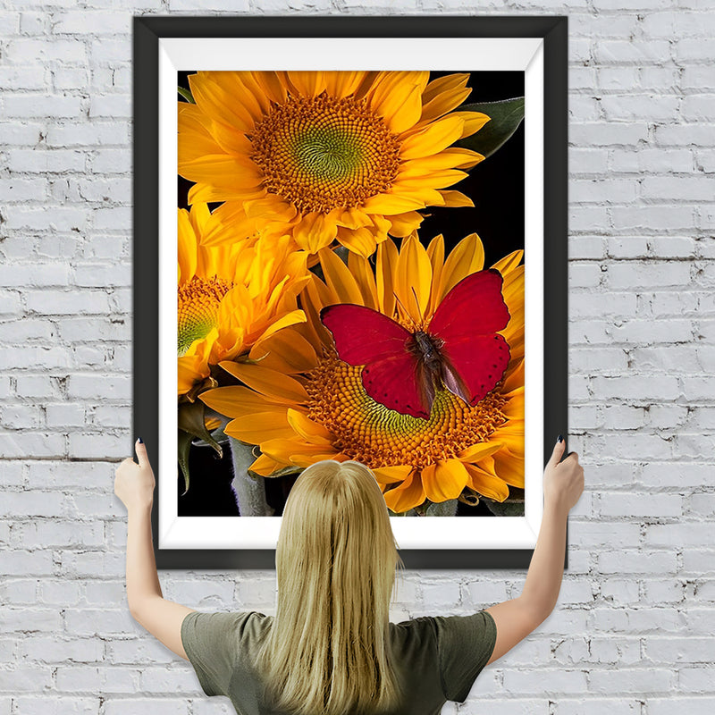 Sonnenblumen und roter Schmetterling Diamond Painting