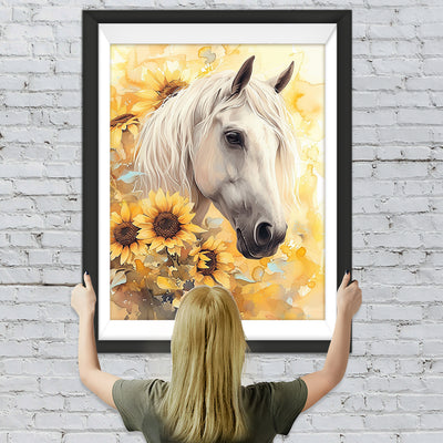 Sonnenblumen und Weißes Pferd Diamond Painting