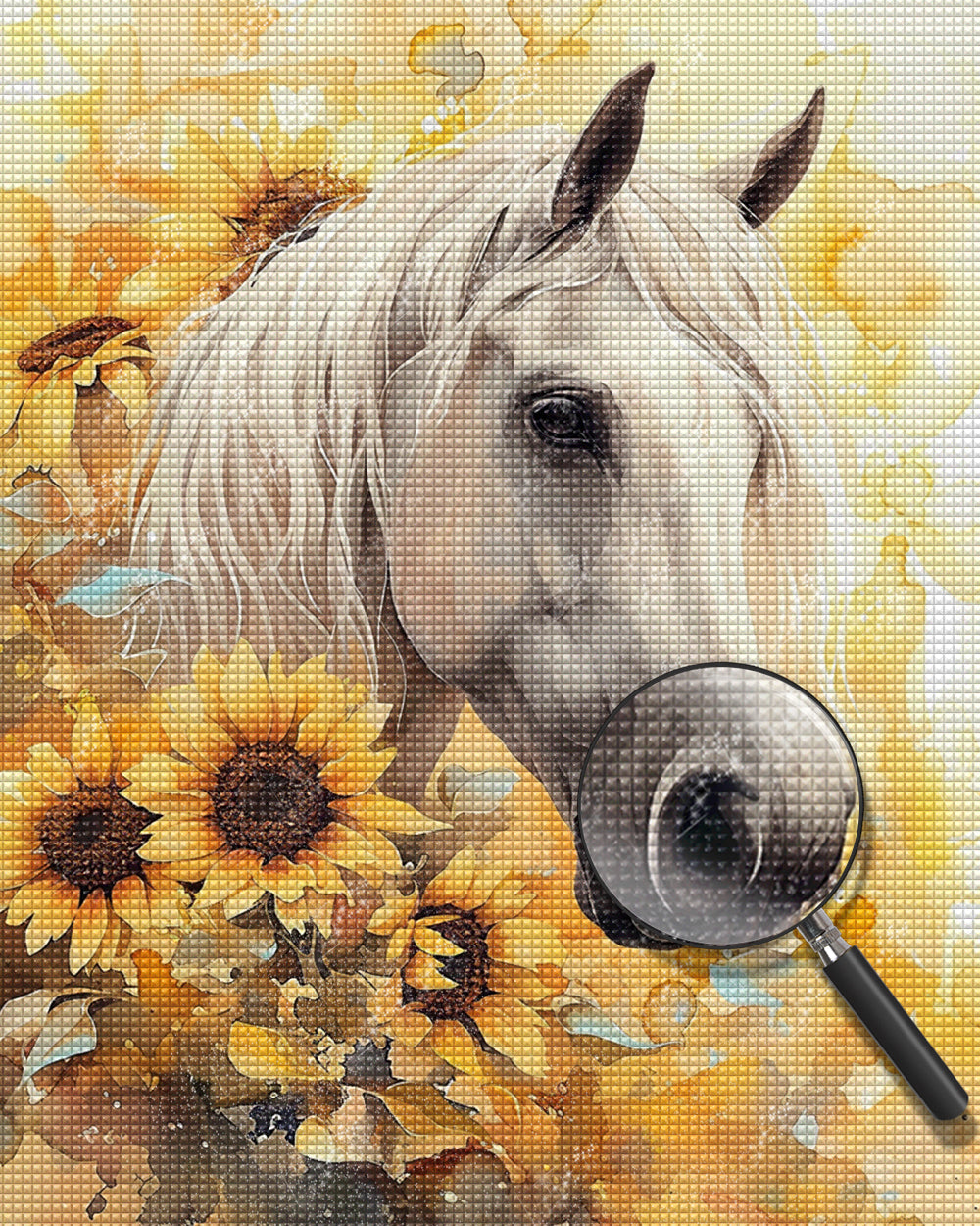 Sonnenblumen und Weißes Pferd Diamond Painting