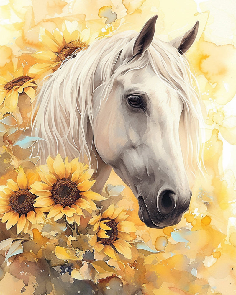 Sonnenblumen und Weißes Pferd Diamond Painting