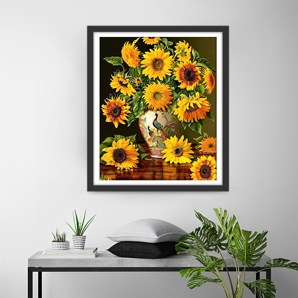 Sonnenblumensträuße in Pfauenvase Diamond Painting