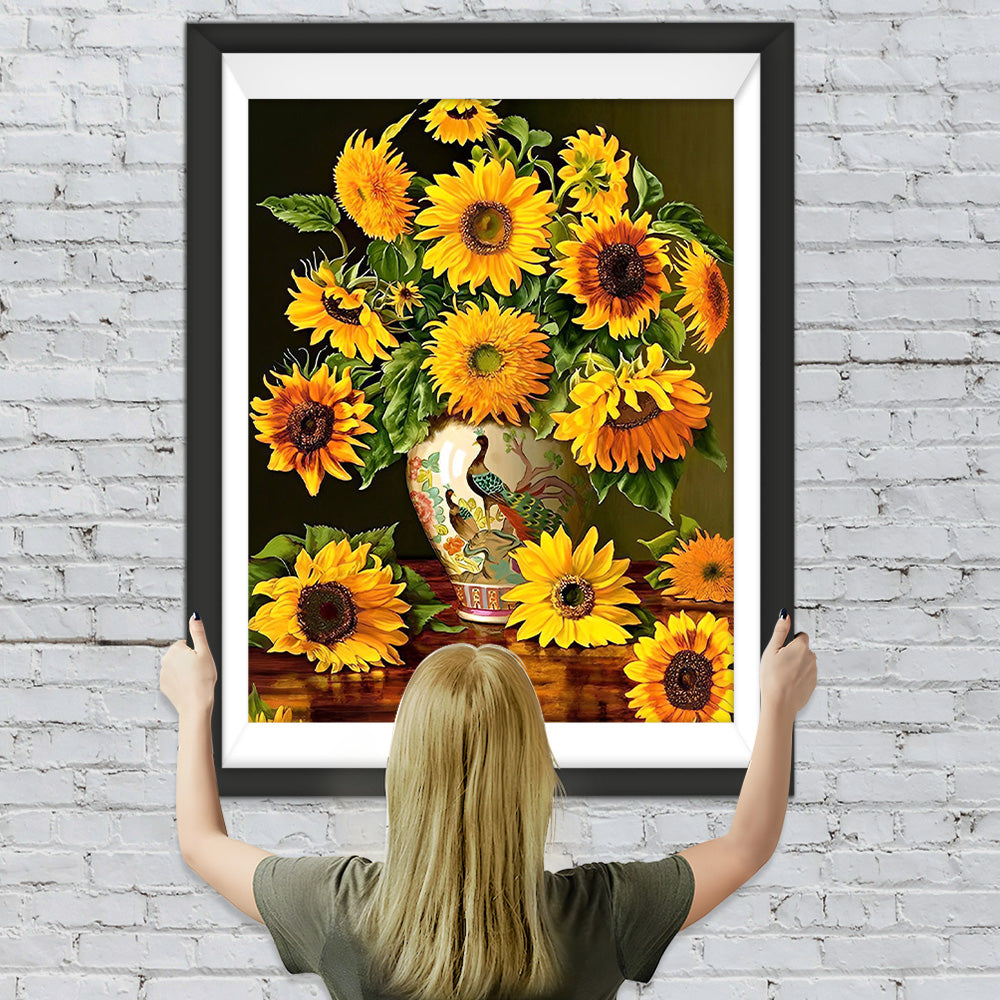 Sonnenblumensträuße in Pfauenvase Diamond Painting