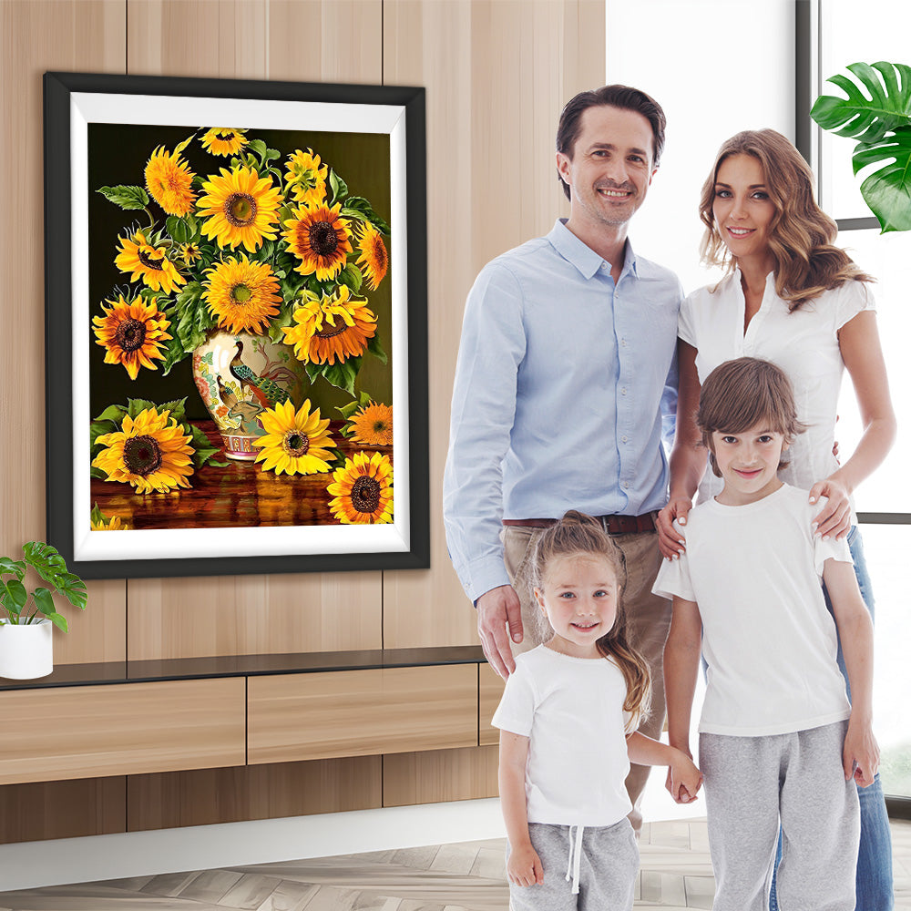 Sonnenblumensträuße in Pfauenvase Diamond Painting