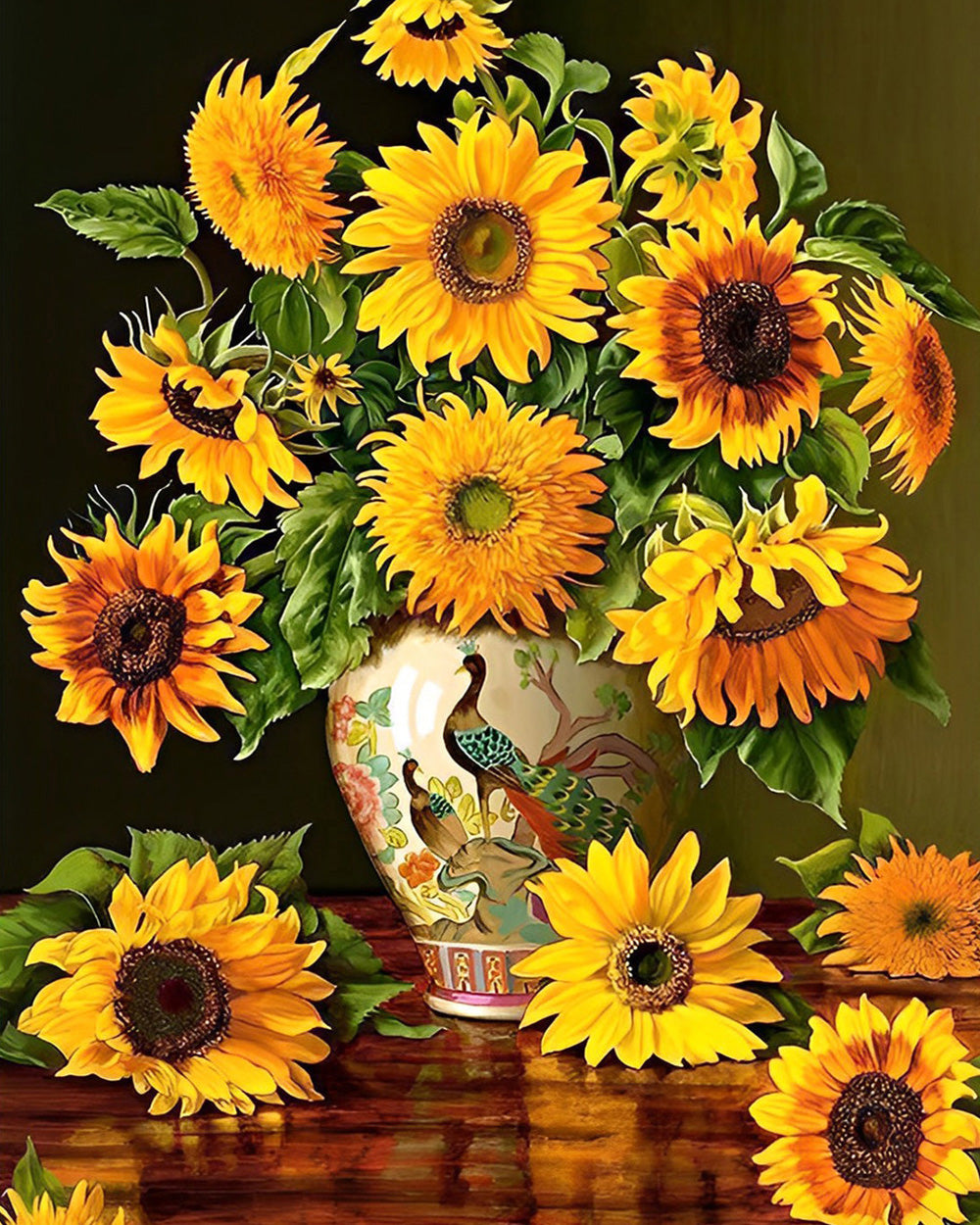 Sonnenblumensträuße in Pfauenvase Diamond Painting