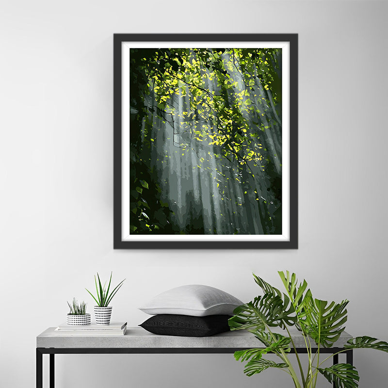 Sonnenlicht strahlt durch den grünen Wald Diamond Painting