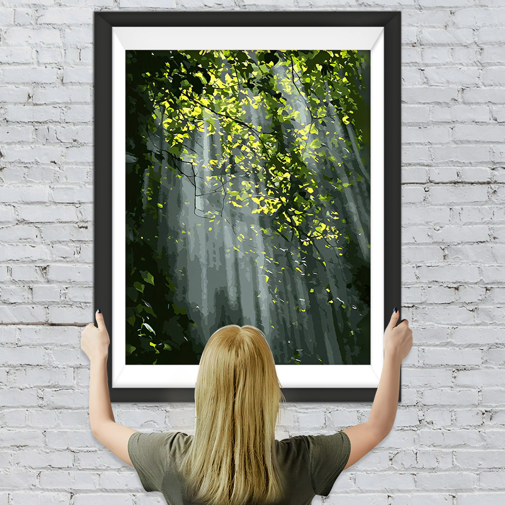 Sonnenlicht strahlt durch den grünen Wald Diamond Painting