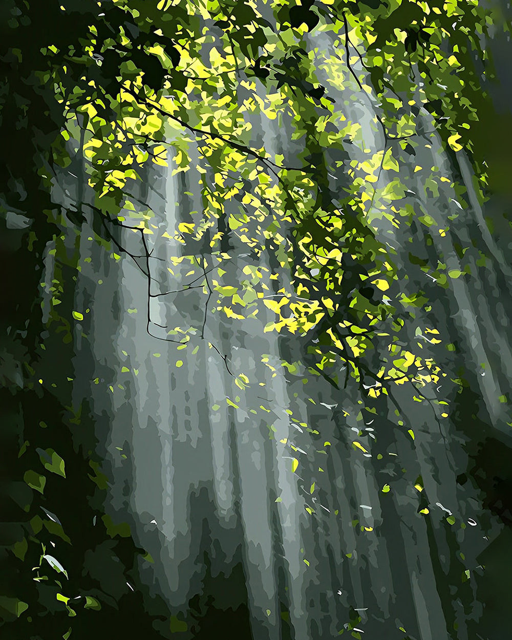 Sonnenlicht strahlt durch den grünen Wald Diamond Painting