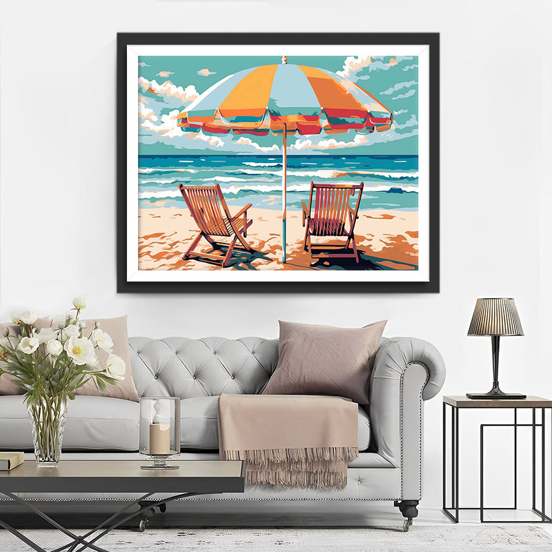 Sonnenschirm Liegestühle am Meer Diamond Painting