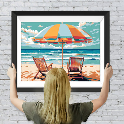 Sonnenschirm Liegestühle am Meer Diamond Painting