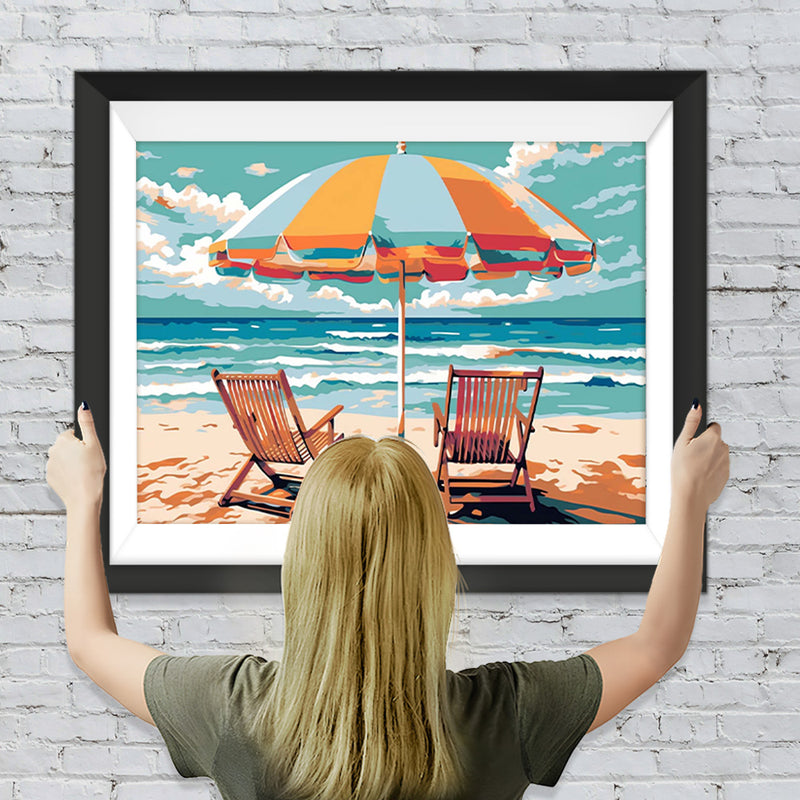 Sonnenschirm Liegestühle am Meer Diamond Painting