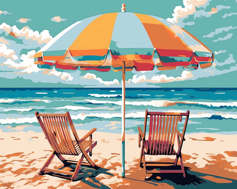 Sonnenschirm Liegestühle am Meer Diamond Painting
