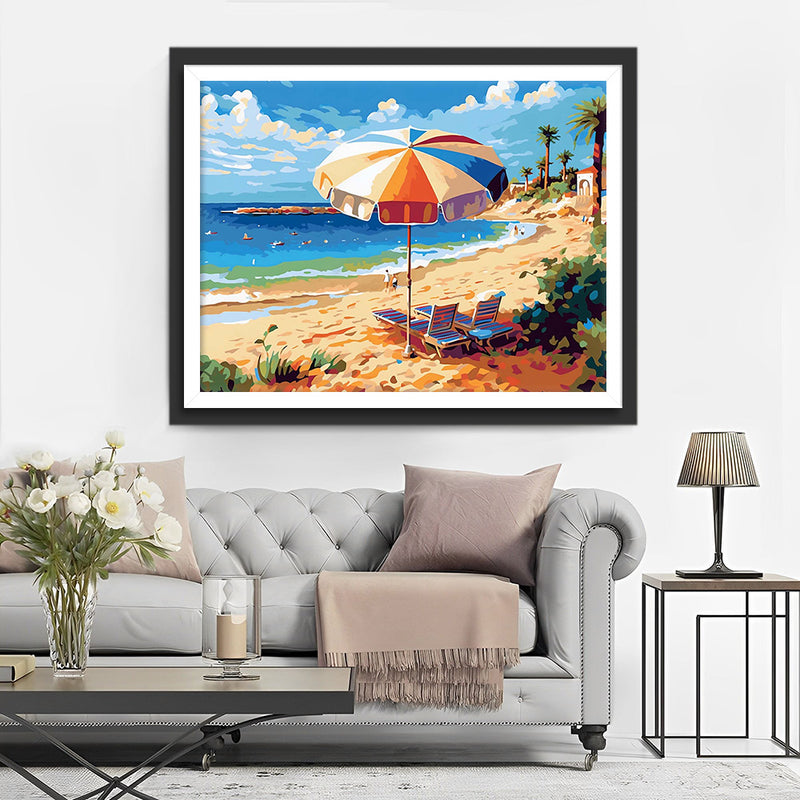 Sonnenschirm Strandkorb und Meer Diamond Painting