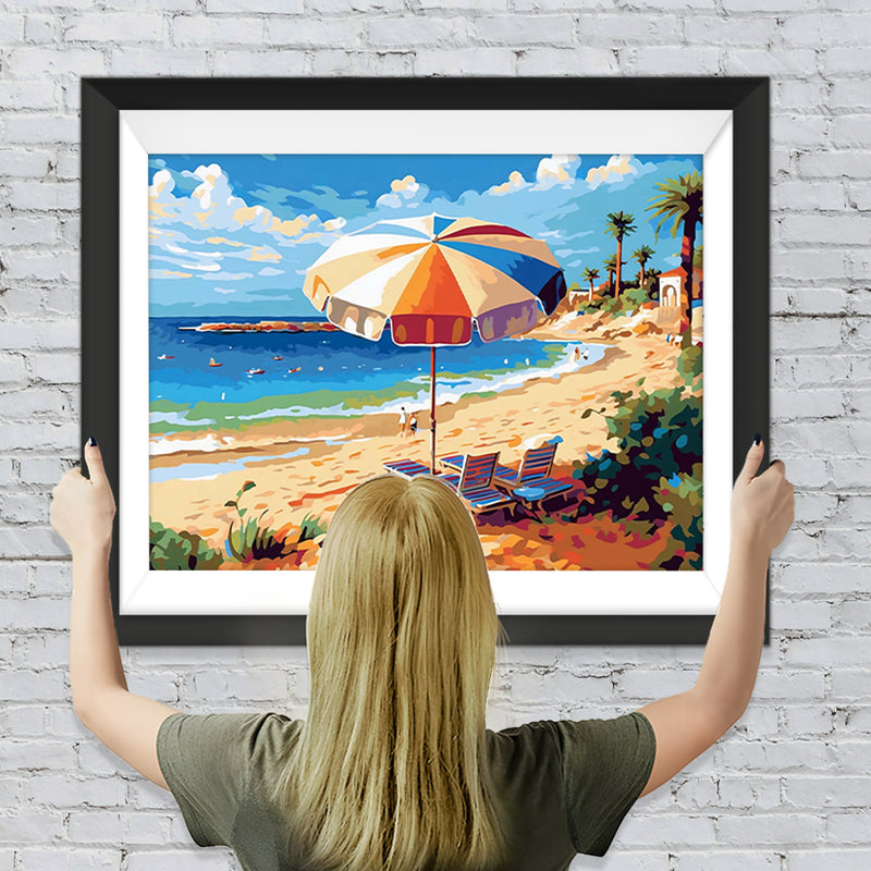 Sonnenschirm Strandkorb und Meer Diamond Painting