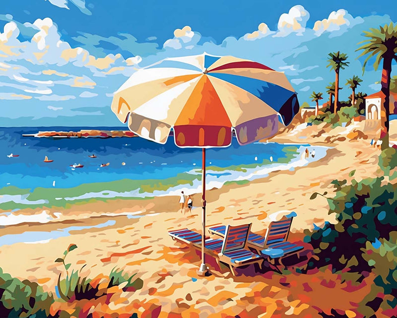 Sonnenschirm Strandkorb und Meer Diamond Painting