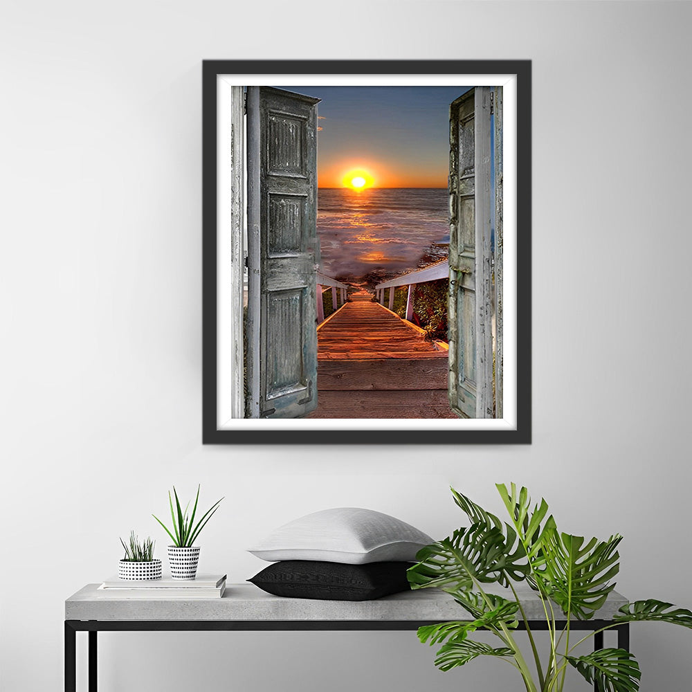 Sonnenuntergang am Meer vor der Holztür Diamond Painting