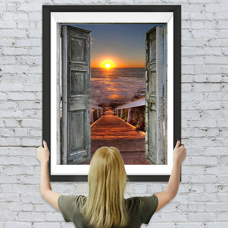 Sonnenuntergang am Meer vor der Holztür Diamond Painting