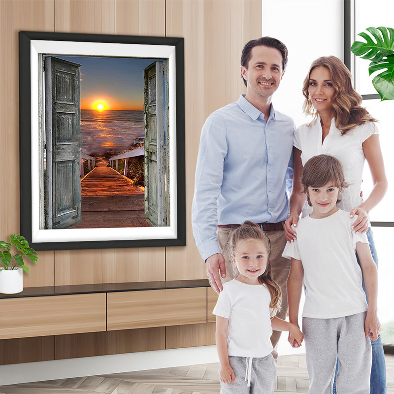 Sonnenuntergang am Meer vor der Holztür Diamond Painting