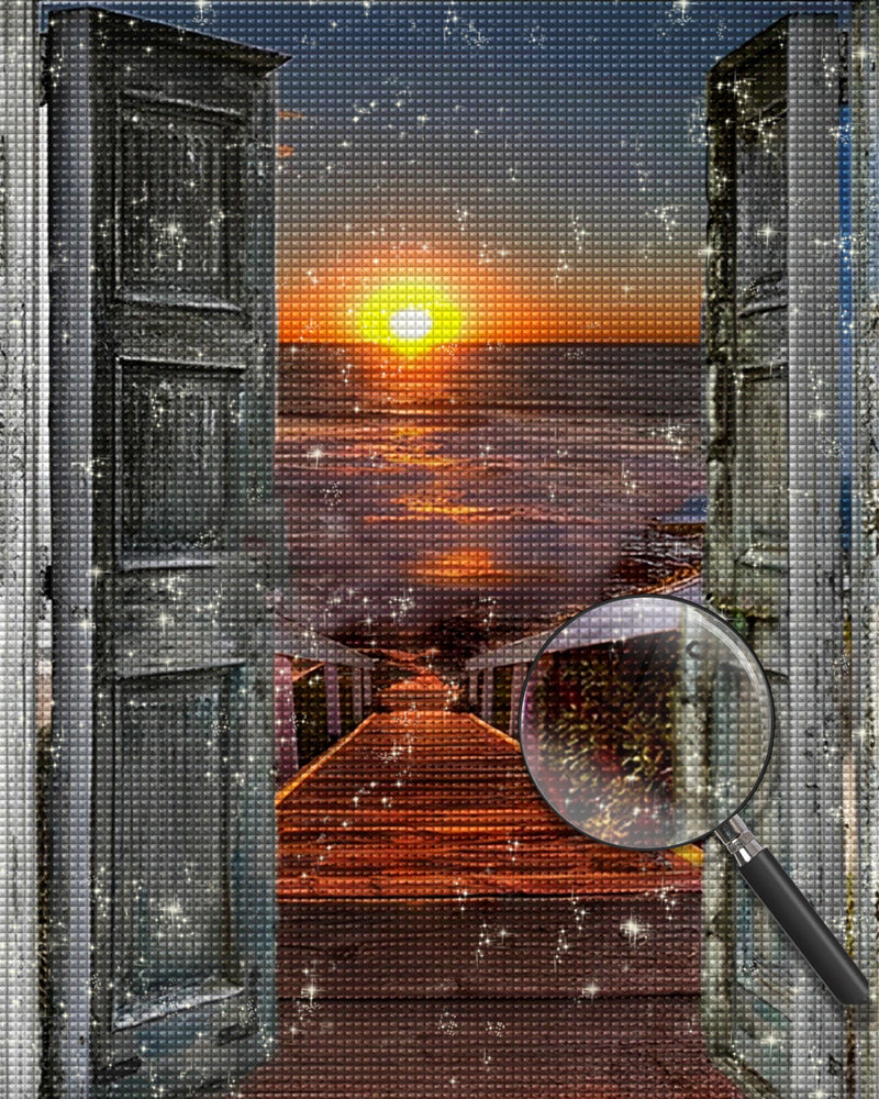 Sonnenuntergang am Meer vor der Holztür Diamond Painting