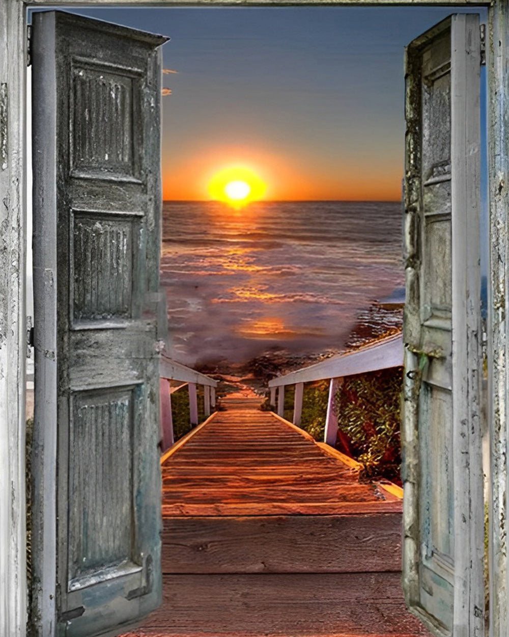 Sonnenuntergang am Meer vor der Holztür Diamond Painting