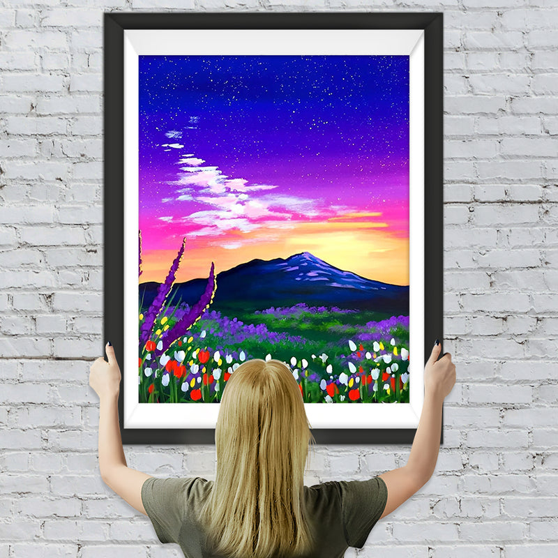 Sonnenuntergang, Berg und Tulpen Diamond Painting