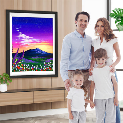 Sonnenuntergang, Berg und Tulpen Diamond Painting