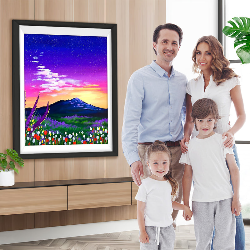 Sonnenuntergang, Berg und Tulpen Diamond Painting