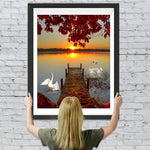 Sonnenuntergang, roter Ahorn und Schwäne Diamond Painting