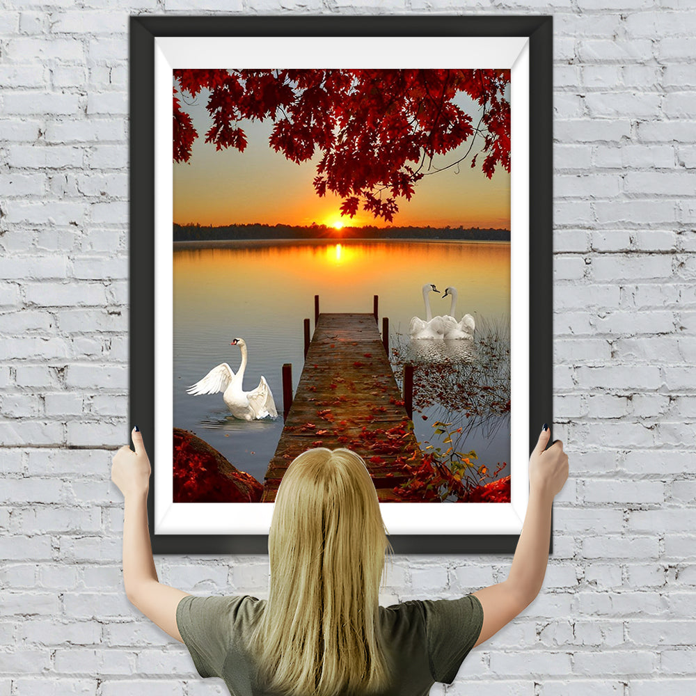 Sonnenuntergang, roter Ahorn und Schwäne Diamond Painting