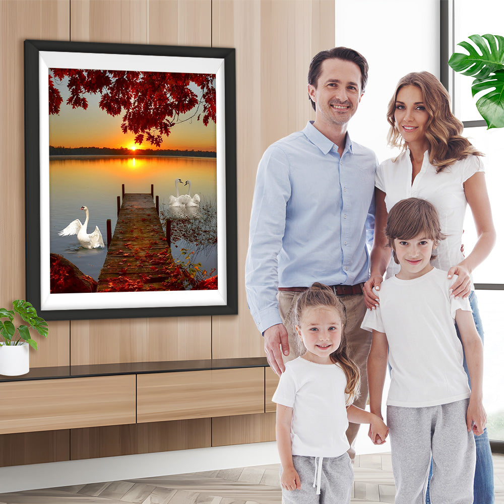 Sonnenuntergang, roter Ahorn und Schwäne Diamond Painting