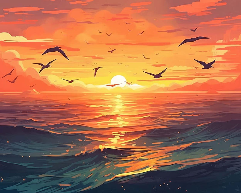 Sonnenuntergang und Möwen Diamond Painting