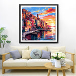 Stadt am Meer bei Sonnenuntergang Diamond Painting