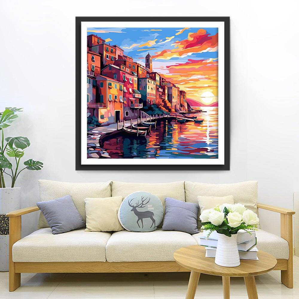 Stadt am Meer bei Sonnenuntergang Diamond Painting