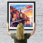 Stadt am Meer bei Sonnenuntergang Diamond Painting