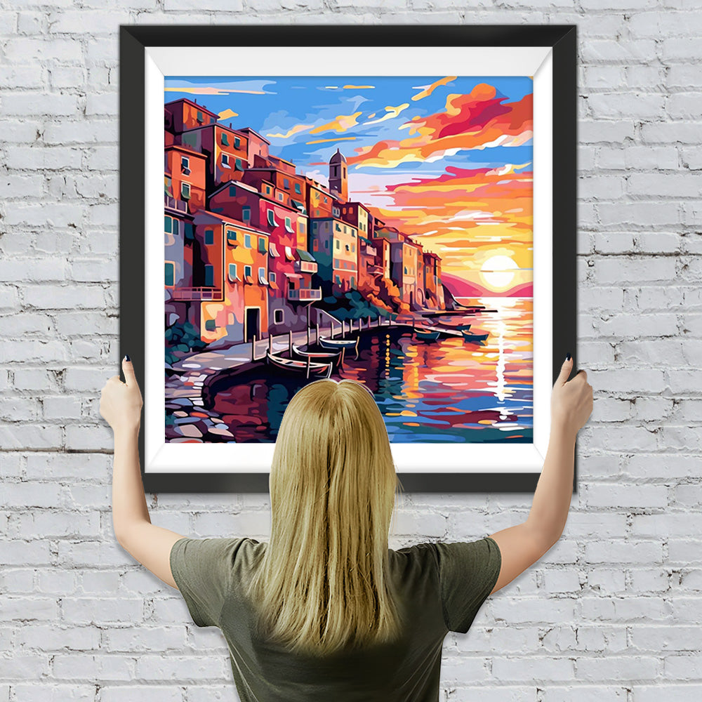 Stadt am Meer bei Sonnenuntergang Diamond Painting