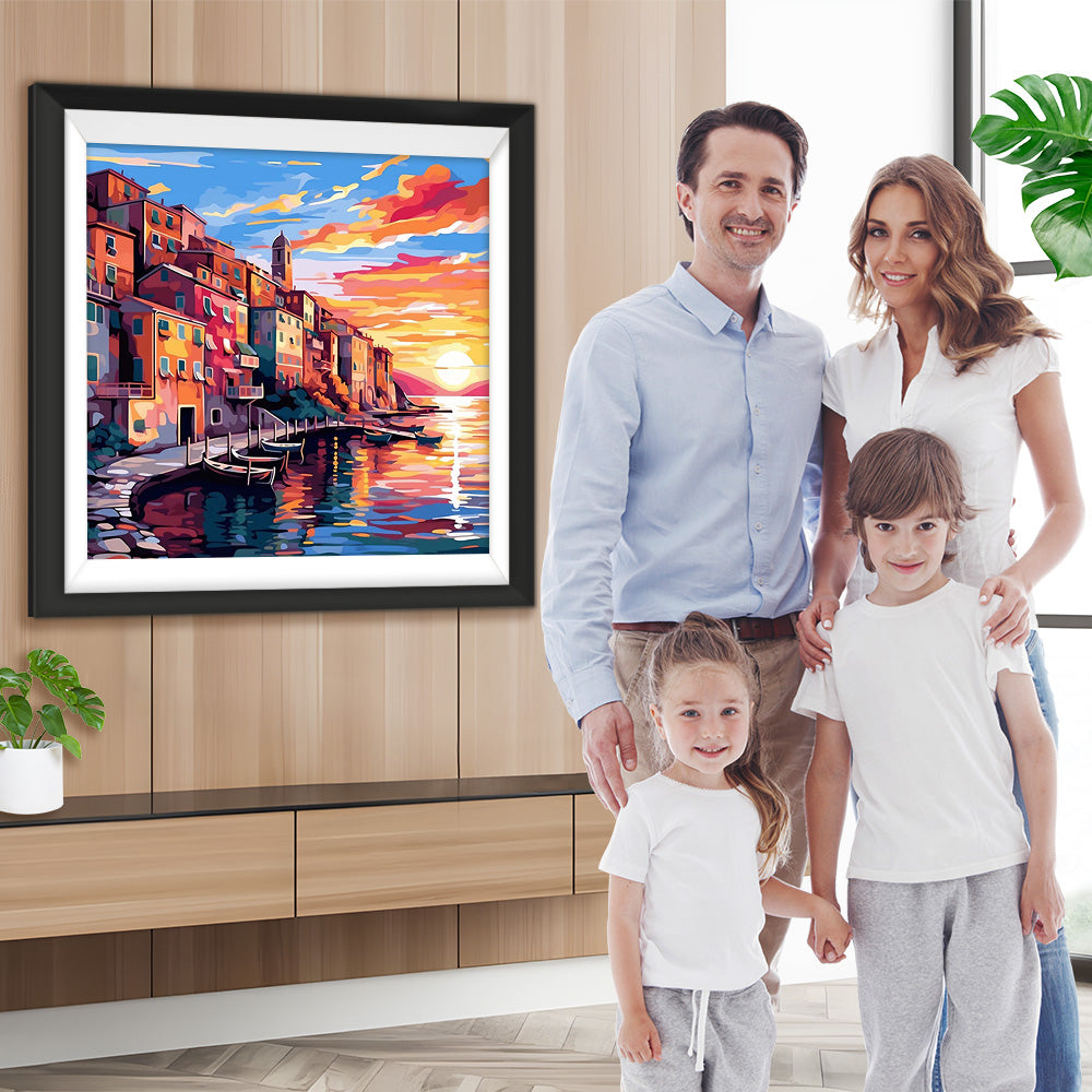 Stadt am Meer bei Sonnenuntergang Diamond Painting