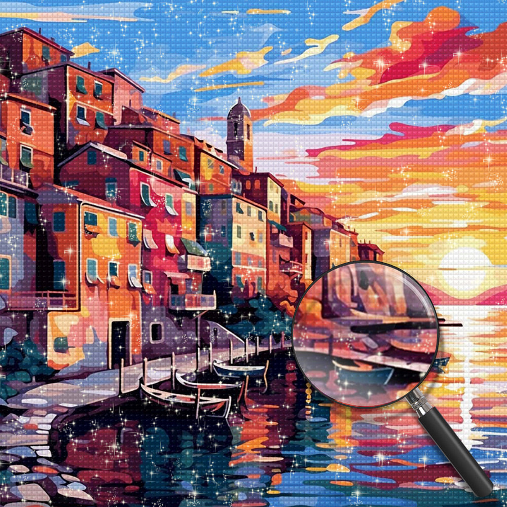 Stadt am Meer bei Sonnenuntergang Diamond Painting