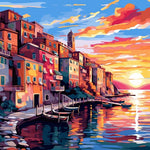 Stadt am Meer bei Sonnenuntergang Diamond Painting