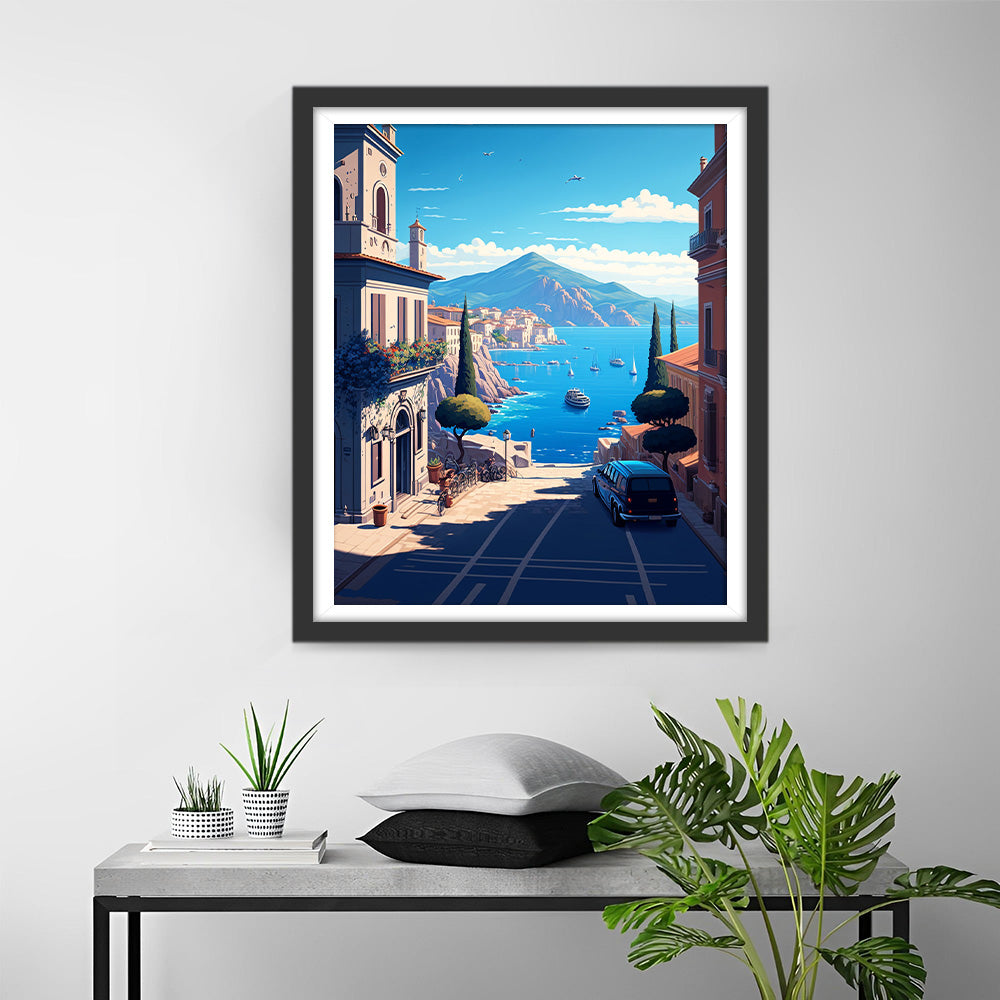 Stadt am Meer und Berge Diamond Painting