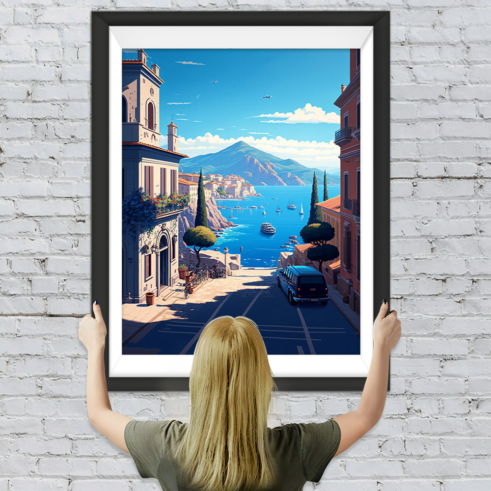 Stadt am Meer und Berge Diamond Painting