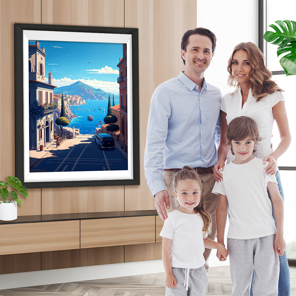 Stadt am Meer und Berge Diamond Painting