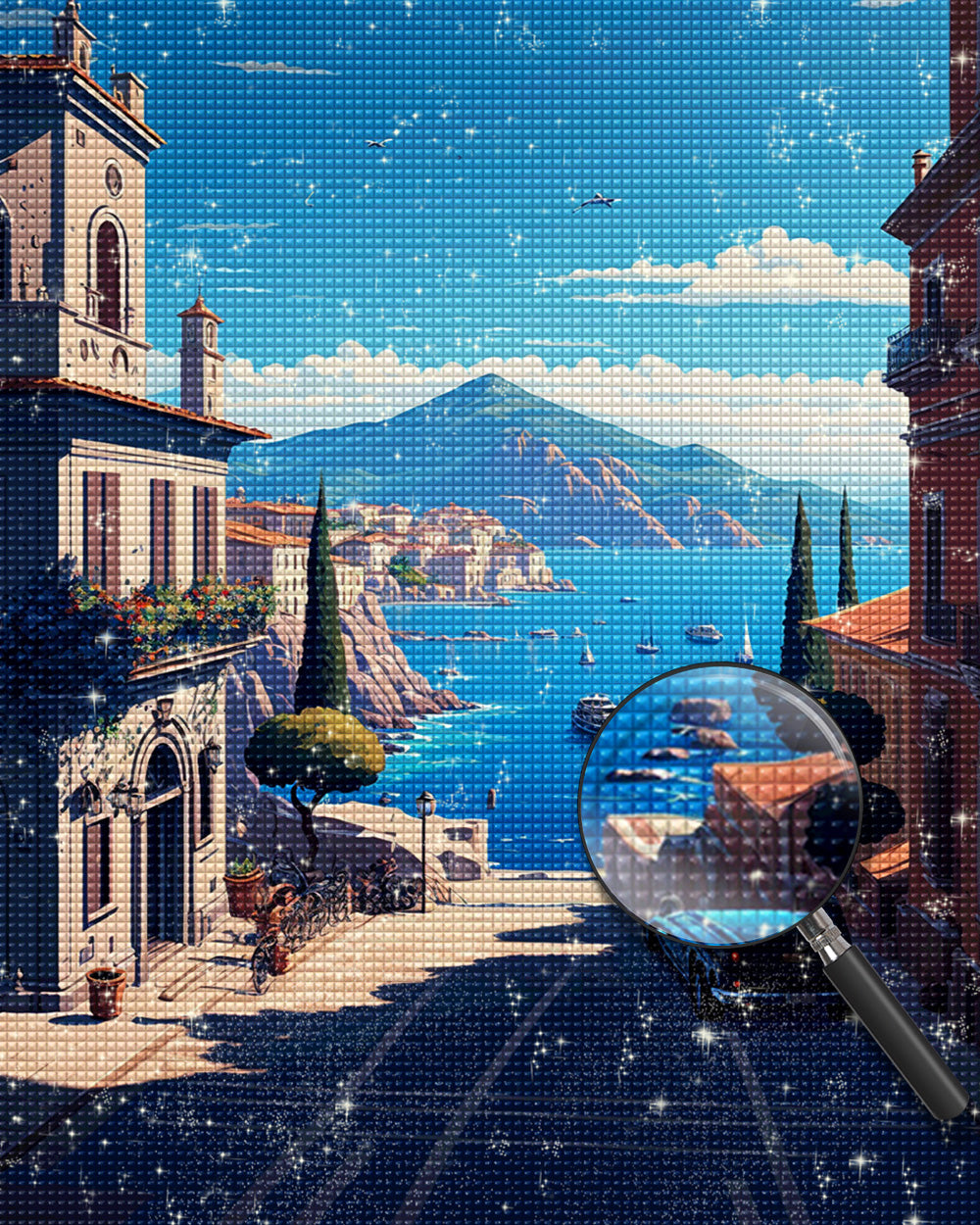 Stadt am Meer und Berge Diamond Painting