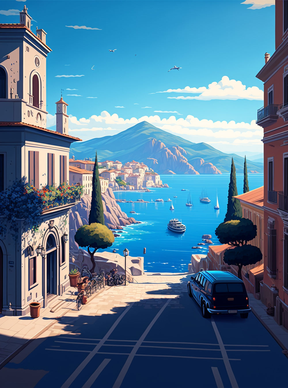 Stadt am Meer und Berge Diamond Painting