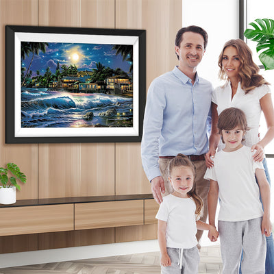 Stadt am Meer und Wellen Diamond Painting