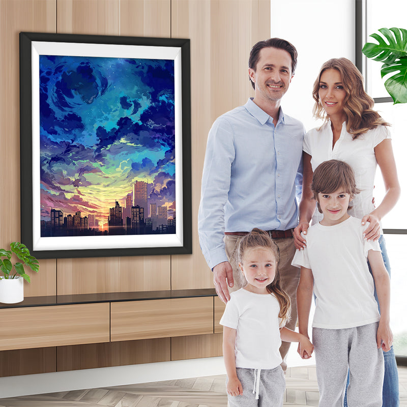 Stadt unter aufgewühlten Wolken Diamond Painting